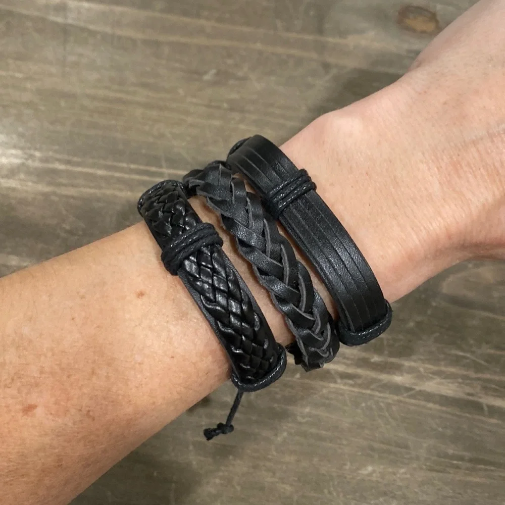 ( 3 ) NEW 100% Leather Brown & Cream Boho Adjustable Bracelet SET - Picture 6 of 6